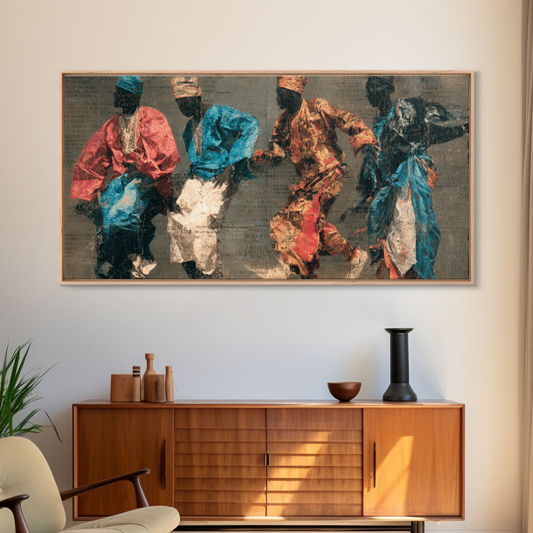 Four African Dancers In Colorful Robes Canvas Print, Tribal Culture Wall Art, Ankara Inspired Decor, Afrocentric Art Gift