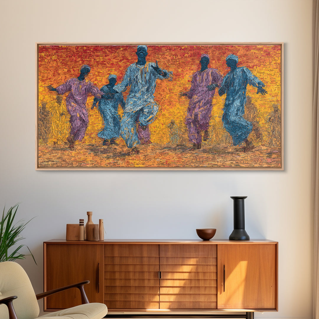 African Dancers At Sunset Wall Art, Colorful Afrocentric Celebration Print, Tribal Culture Decor, Vibrant Living Room Canvas