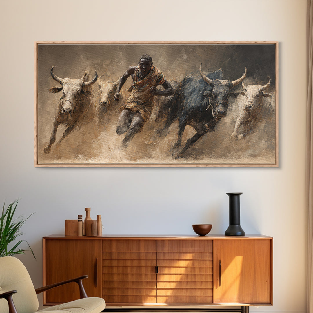 African Bull Runner Canvas Print, Dusty Cattle Race Painting, Warrior Culture Wall Decor, Rustic Safari Art For Living Room