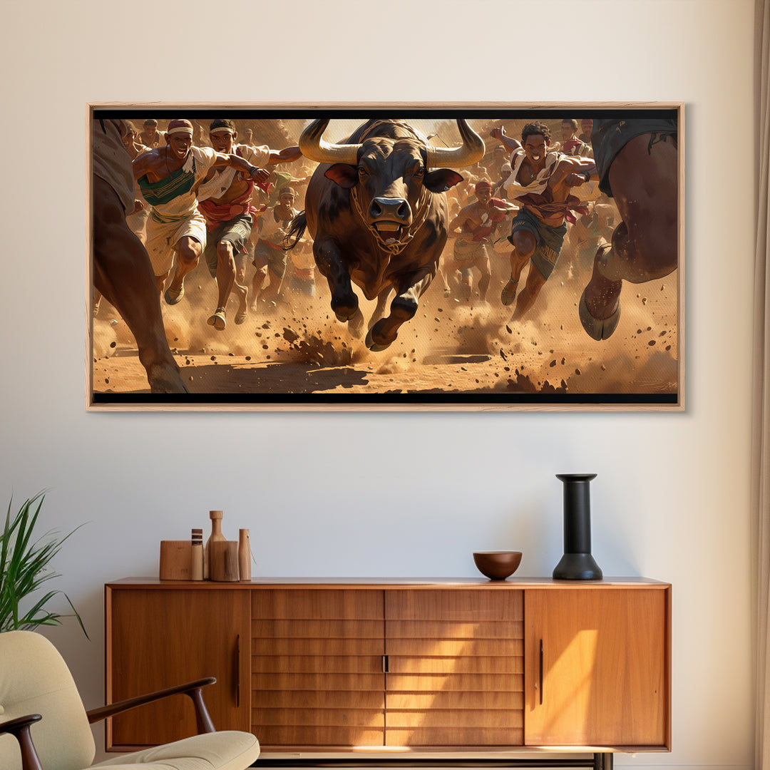 Charging Bull Race Framed Canvas Print, African Warrior Runners, Dusty Safari Action Art, Bold Cultural Living Room Decor