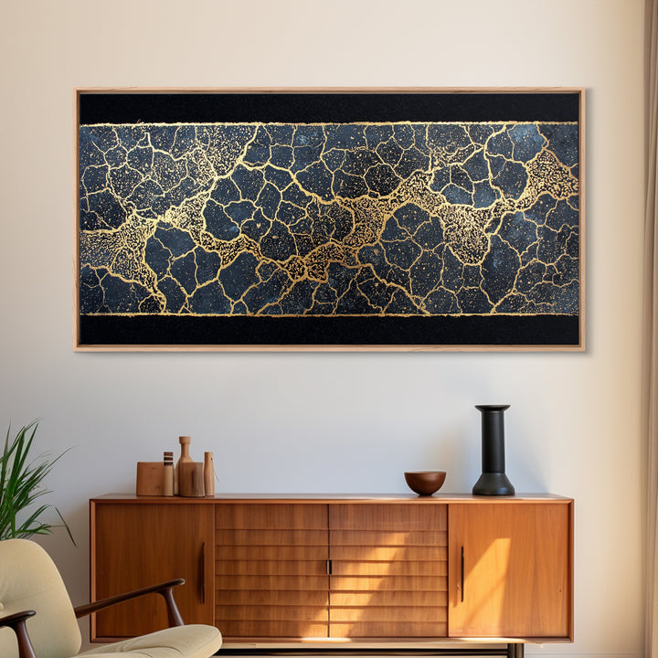 Black And Gold Crackle Abstract Wall Art, Luxury Geometric Texture Print, Modern African Inspired Decor For Elegant Homes