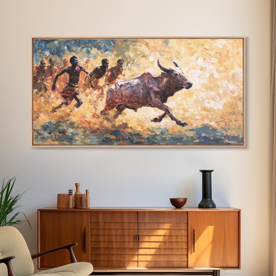 Painterly African Bull Chase Canvas Print, Sunlit Cattle Race With Runners, Rustic Safari Decor, Dynamic Cultural Wall Art