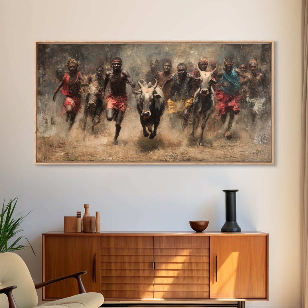 African Cattle Race Wall Art, Tribal Runners In Dusty Motion, Dramatic Safari Painting, Rustic Culture Decor For Home And Office