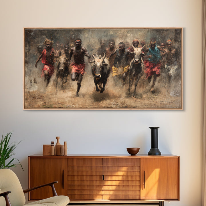 African Cattle Race Wall Art, Tribal Runners In Dusty Motion, Dramatic Safari Painting, Rustic Culture Decor For Home And Office