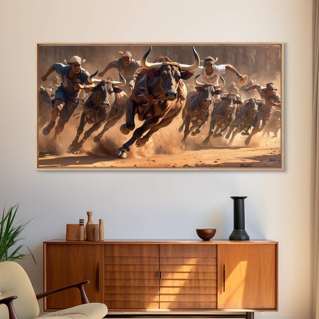 Charging African Bulls Framed Canvas Print, Runners And Dusty Arena, Bold Safari Action Wall Decor, Cultural Home Statement