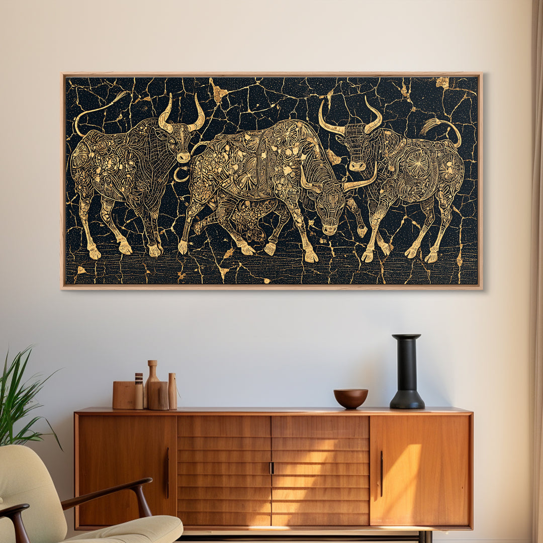 Gold Line Cattle On Black Wall Art, African Inspired Bull Illustration, Geometric Crackle Texture Decor, Luxury Canvas Print