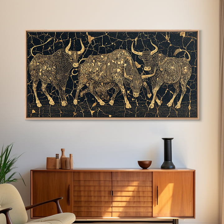 Gold Line Cattle On Black Wall Art, African Inspired Bull Illustration, Geometric Crackle Texture Decor, Luxury Canvas Print