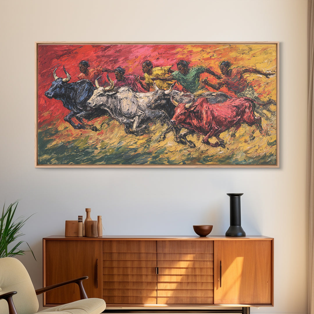 Colorful African Bull Race Canvas Print, Expressive Tribal Runners, Sunset Safari Painting, Bright Vibrant Cultural Wall Decor