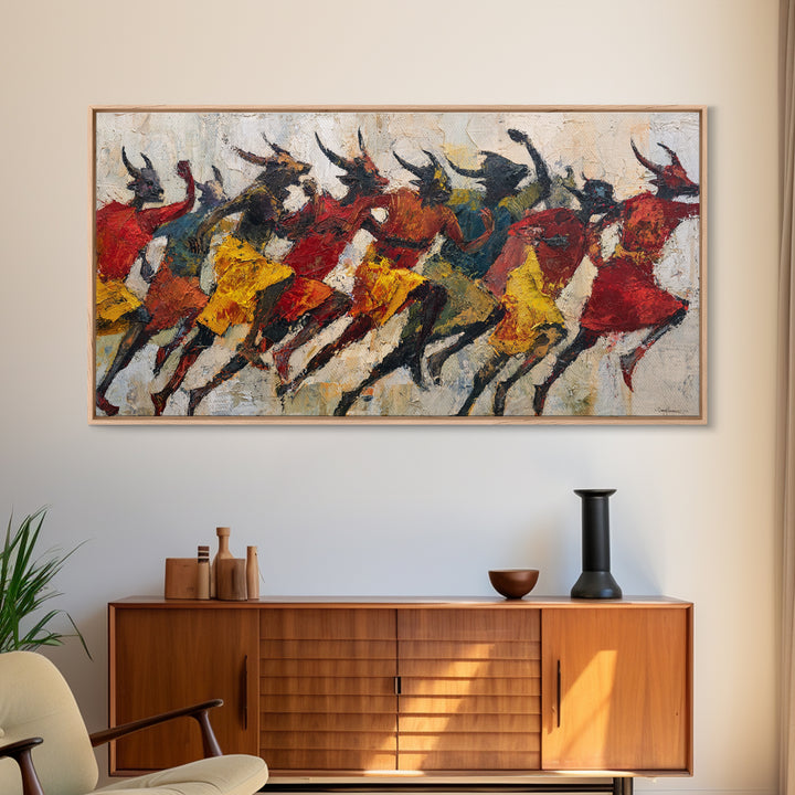 Horned Dancers In Red And Gold, African Warrior Art Canvas Print, Tribal Culture Wall Decor, Afrocentric Home Decor, Statement Piece