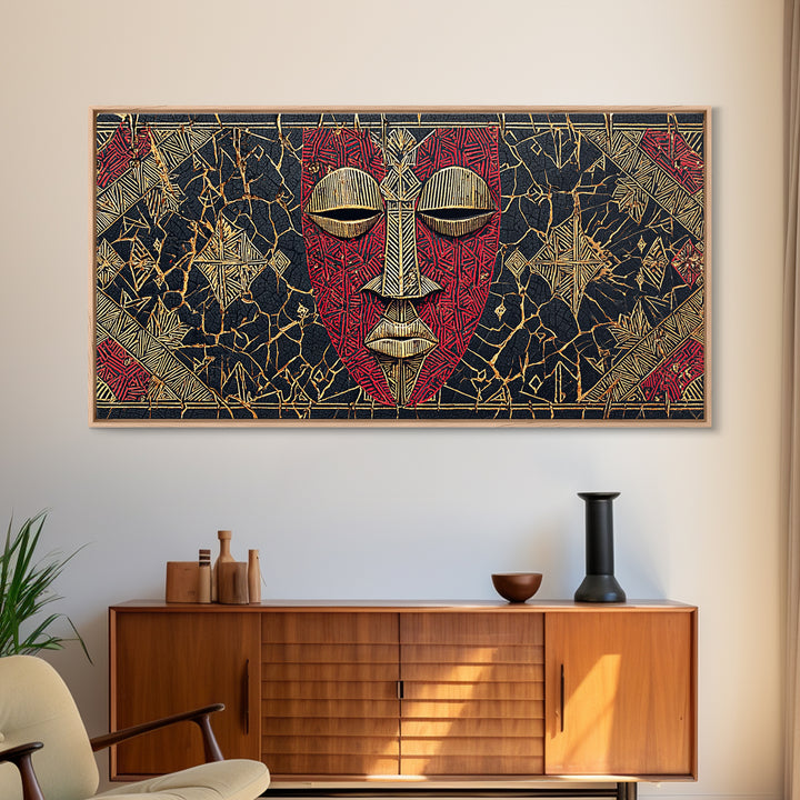 Red African Mask With Gold Geometric Pattern, Framed Canvas Print, Tribal Mask Canvas, Cultural Wall Decor Gift For Home