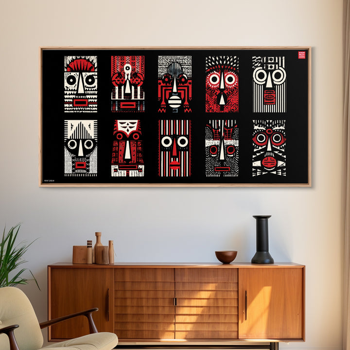 Nine Graphic Red Black And White African Masks, Wall Art, Tribal Mask Canvas, Afrocentric Decor, Bold Modern Pattern Print Set