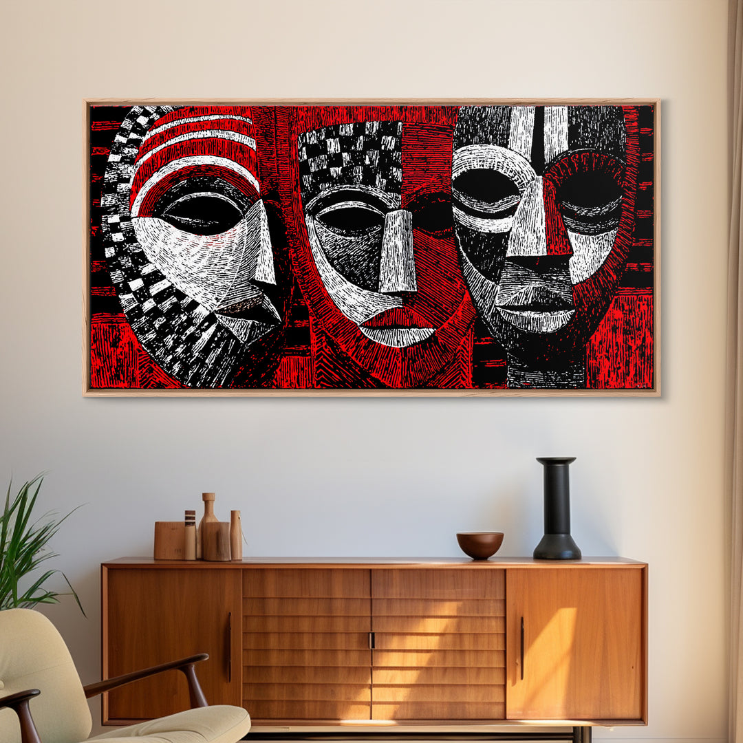Three Red Black And White African Masks, Canvas Print, Tribal Mask Art, Abstract African Art Decor, Statement Wall Decor Gift