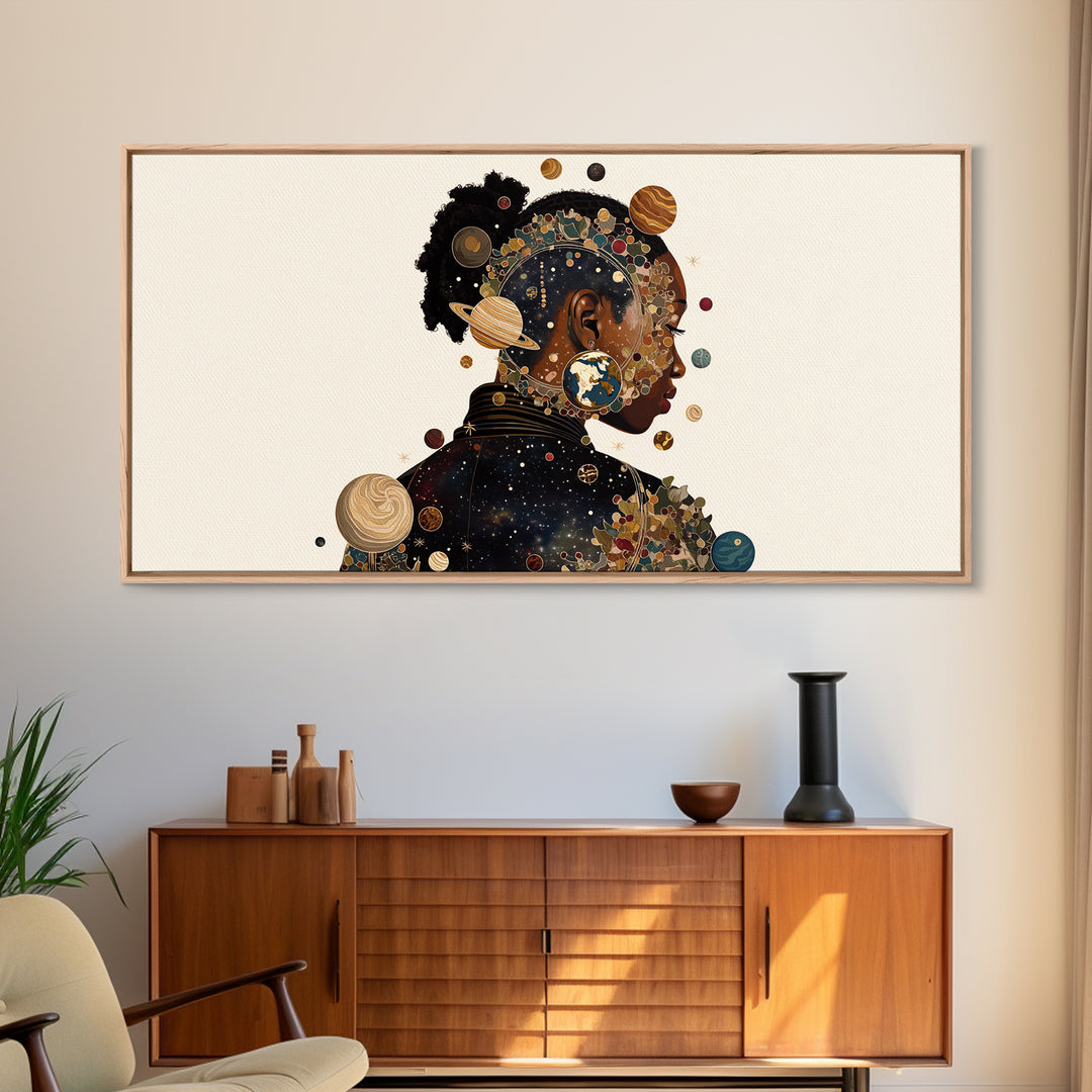 Cosmic Black Woman Profile With Planets, African American Art Framed Canvas Print, Afrocentric Wall Decor, Melanin Gift For Her