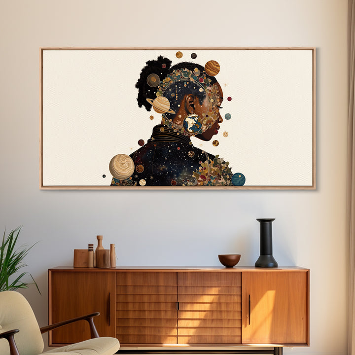 Cosmic Black Woman Profile With Planets, African American Art Framed Canvas Print, Afrocentric Wall Decor, Melanin Gift For Her