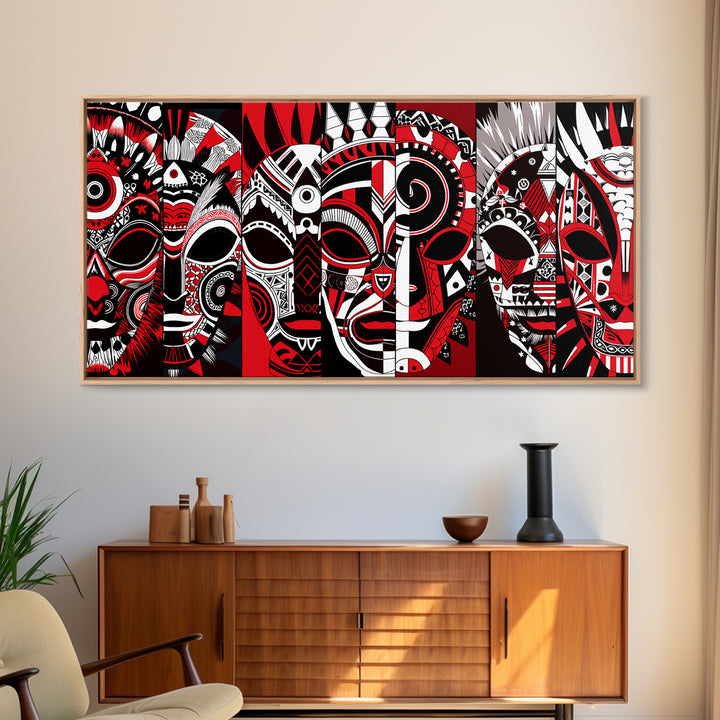 Overlapping Red Tribal Masks In Bold Pattern, African Mask Wall Art, Afrocentric Decor, Contemporary Canvas Print, Home Decor Gift