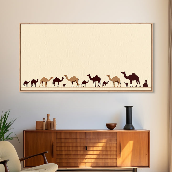 Minimalist Camel Caravan Silhouettes, African Safari Art Canvas Print, Desert Wall Art, Neutral Boho Living Room Decor Gift