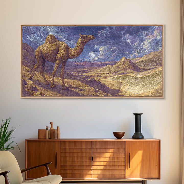 Painterly Camel In Purple Desert Landscape, African Safari Art Framed Canvas Print, Serengeti Wall Art, Travel Decor Gift
