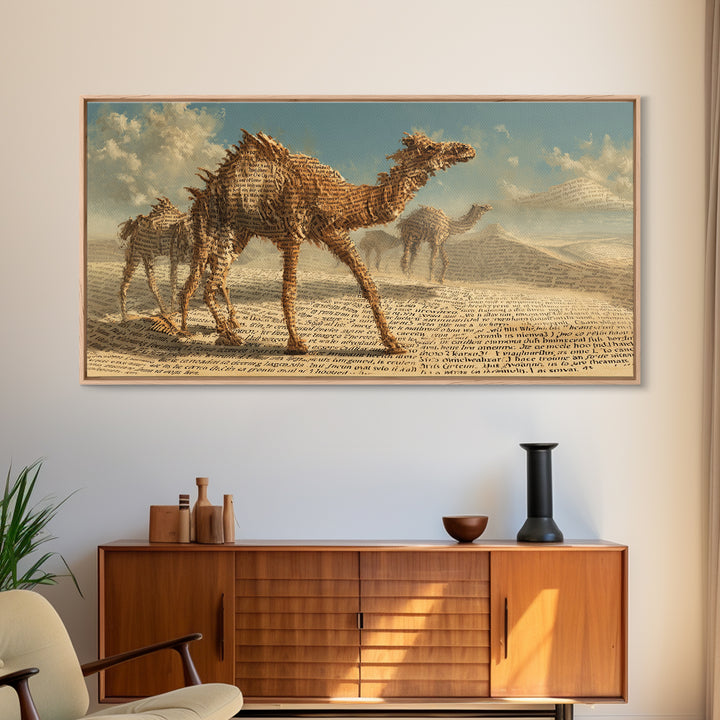 Desert Camel Caravan In Script Texture Canvas Print, African Safari Art, Earth Tone Wall Decor, Boho Living Room Art Gift