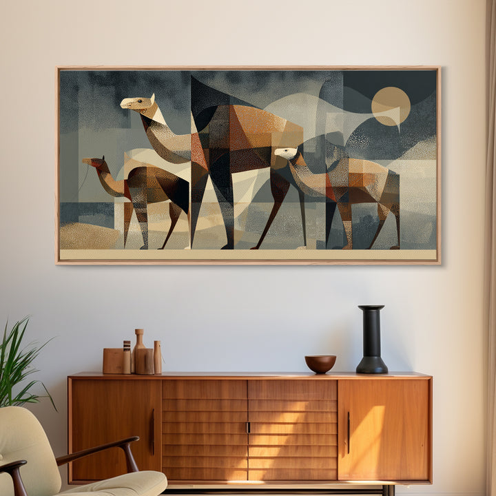 Geometric Camel Family In Desert Framed Canvas Print, Abstract African Art, Modern Safari Wall Decor, Earth Tone Home Decor