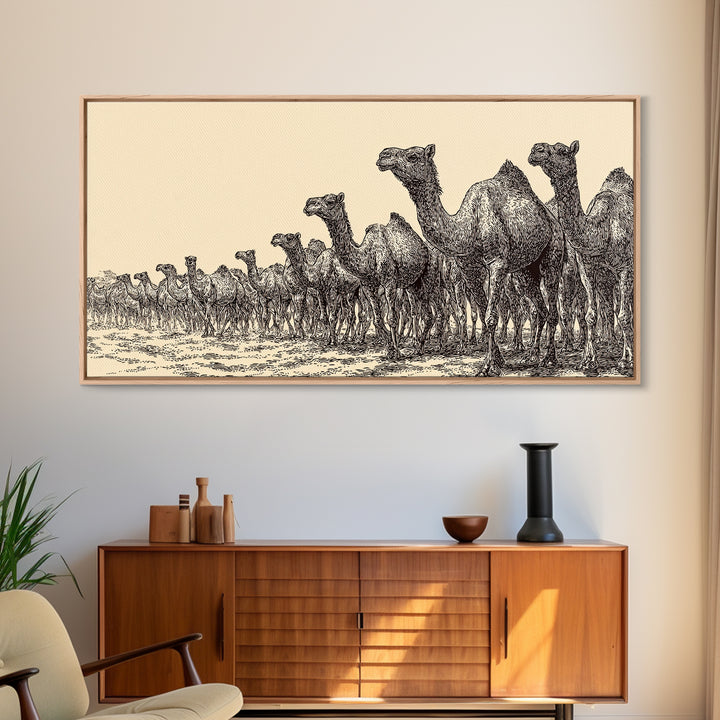 Ink Sketch Camel Herd Across Desert Wall Art, African Safari Art Print, Black And White Tribal Decor, Camel Artwork For Living Room