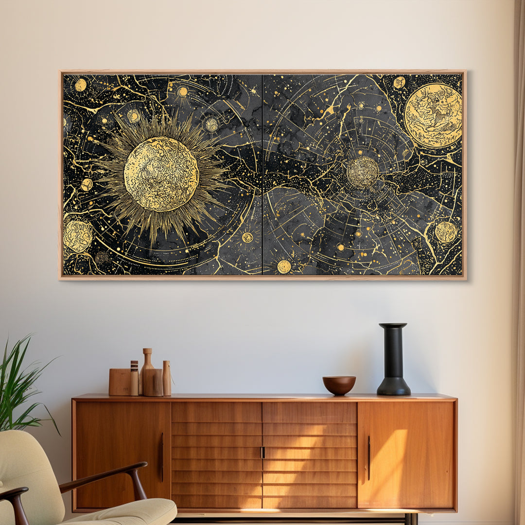 Gold Sun Moon Constellation Map Canvas Print, Celestial African Inspired Wall Art, Black And Gold Spiritual Home Decor Gift