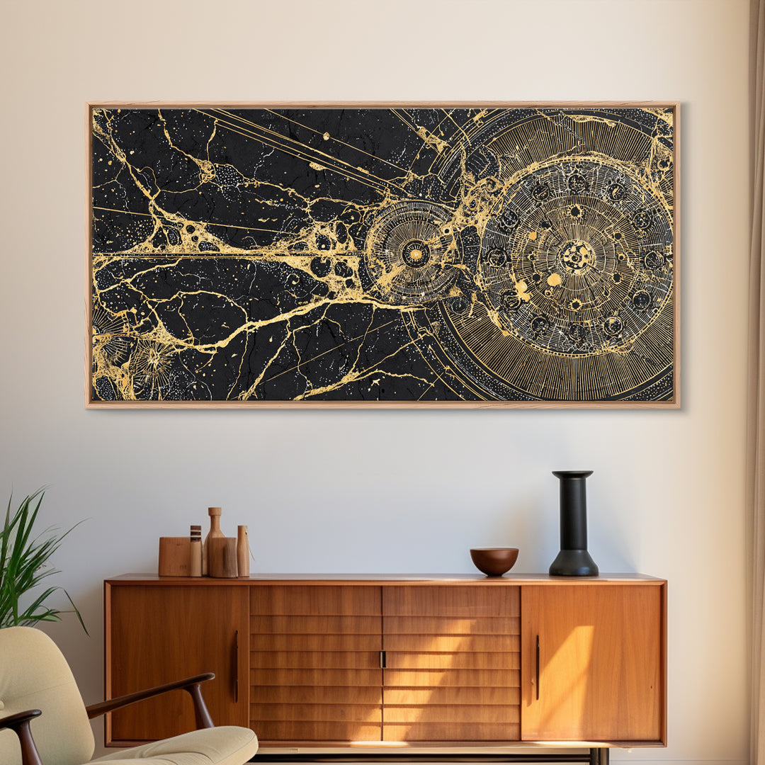 Golden Cosmic Web And Solar Orbit Framed Canvas Print, Abstract Wall Art, Black And Gold Decor, Mystical Astronomy Artwork
