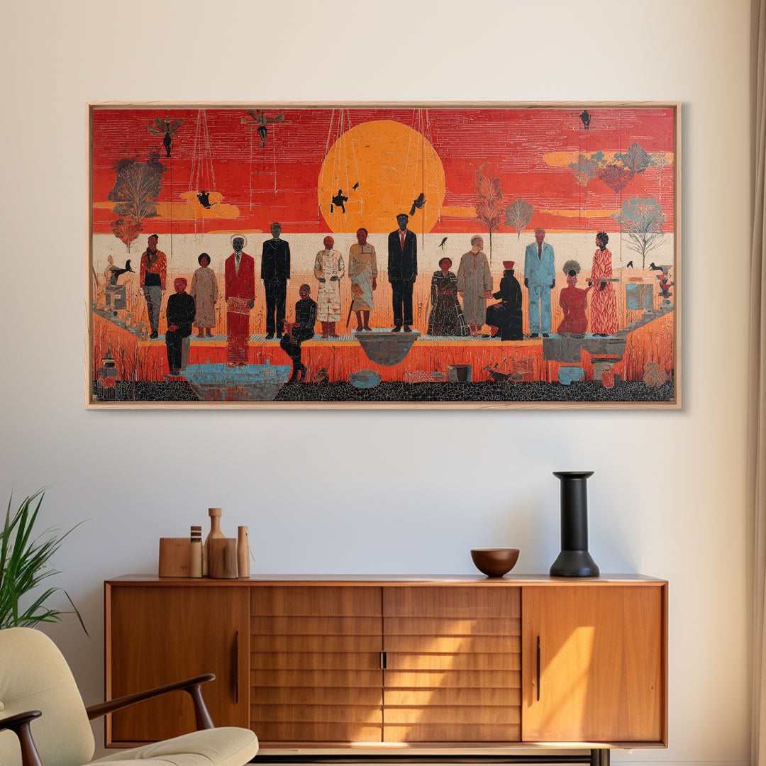 Orange Sunset Gathering With African Figures Wall Art, Black Culture Art, Contemporary Canvas, Statement Living Room Decor