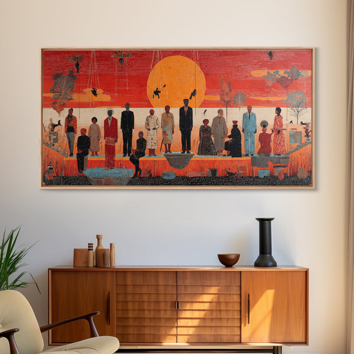 Orange Sunset Gathering With African Figures Wall Art, Black Culture Art, Contemporary Canvas, Statement Living Room Decor