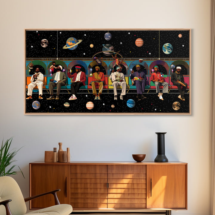 Black Travelers On Cosmic Subway Framed Canvas Print, Afrofuturism Decor, African American Art, Space Wall Decor Gift For Him