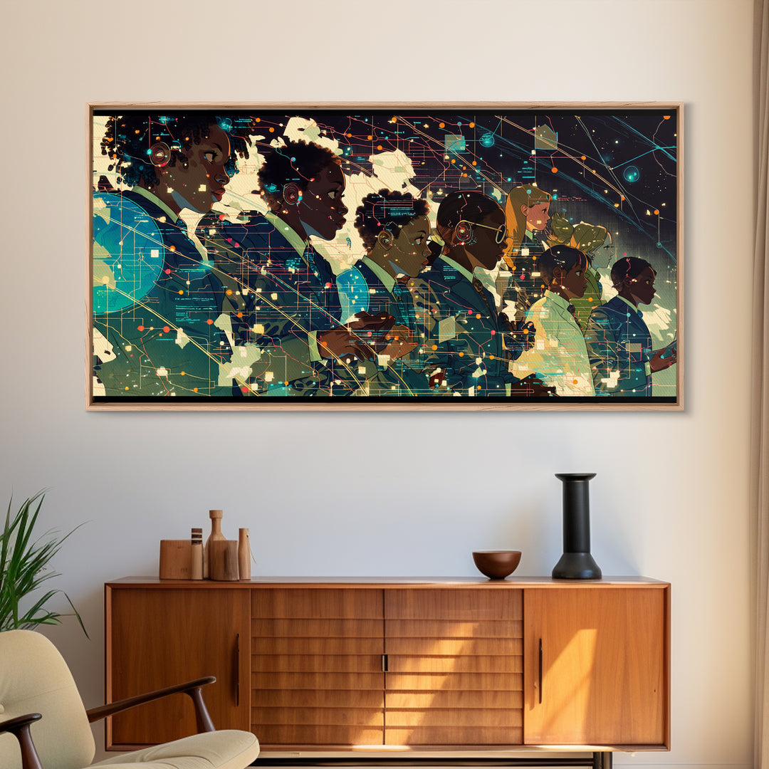 Afrofuturist African Students In Digital Network Canvas Print, Black Girl Art, Modern Black Art, Office Decor, Digital Wall Art