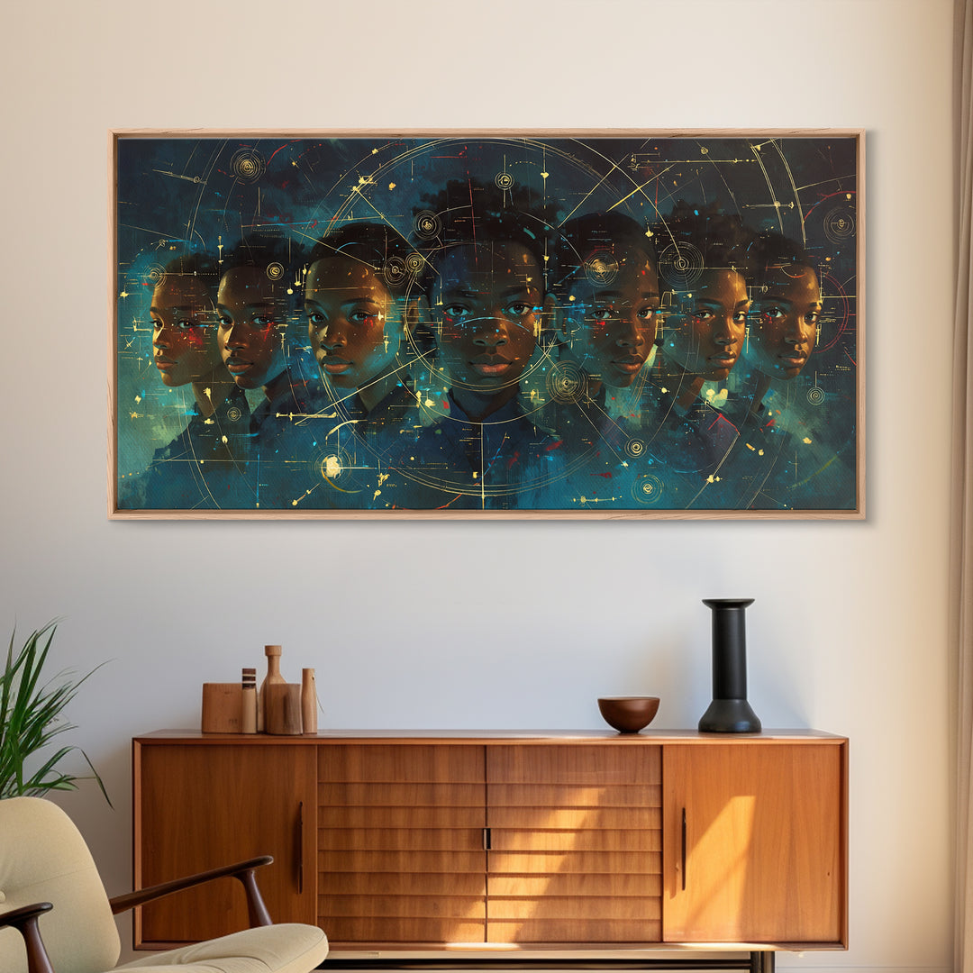 Six Young African Visionaries In Futuristic City Wall Art, Black Boy Art, Afrocentric Art, Modern Portrait Art, Office Decor