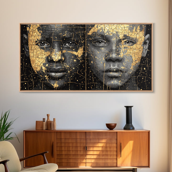 Black Gold African Portrait Diptych Wall Art, Afrocentric Abstract Face Art, Modern Black Culture Decor, Luxury Canvas Print