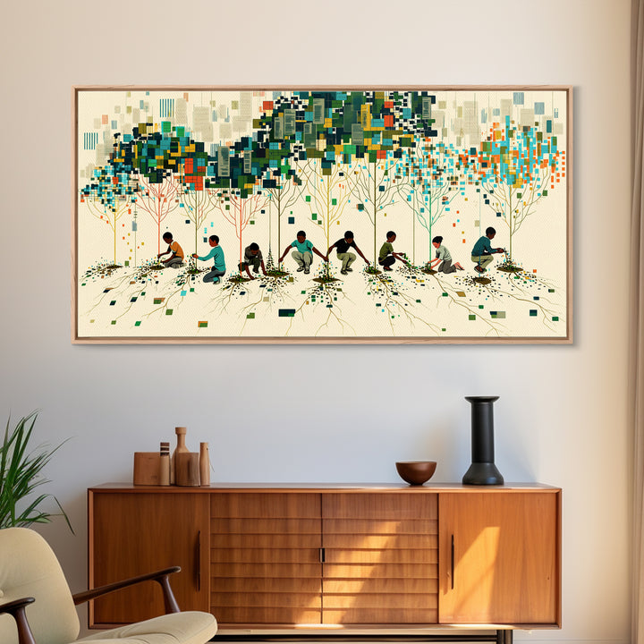 Children Planting Digital Forest Wall Art, African Community Tree Artwork, Modern Afrocentric Decor, Eco Living Room Print