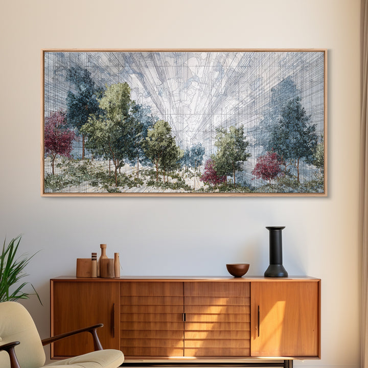 Abstract Urban Forest Canvas Print, Dreamy Nature Scene Art, Modern African Inspired Wall Decor, Blue Green Office Decor