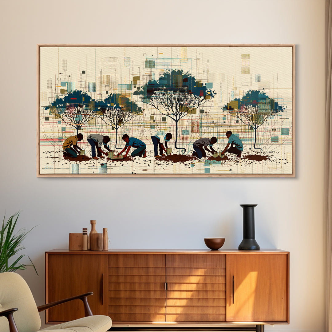 Community Tree Planting Wall Art, African Landscape With Acacia Trees, Modern Afrocentric Print, Cultural Home Decor Gift