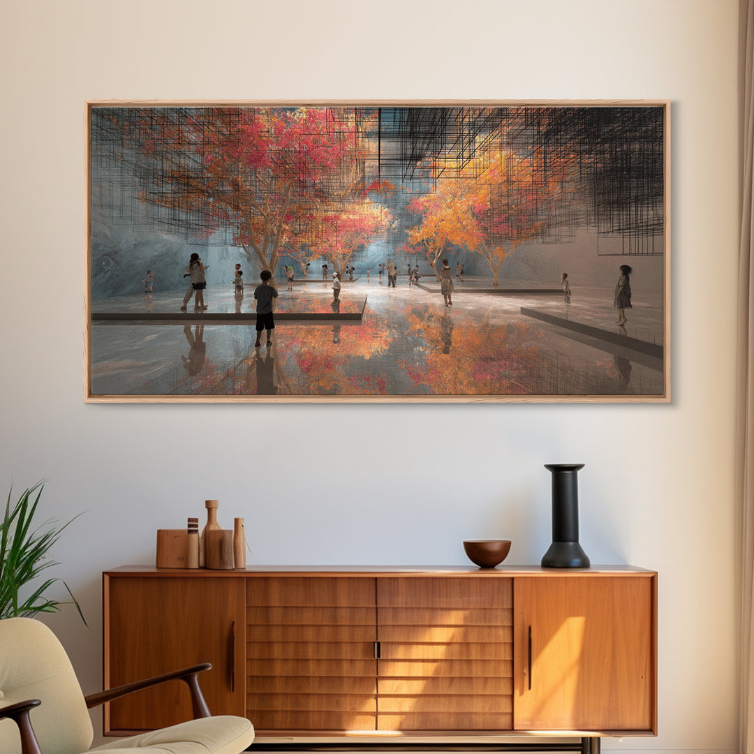 Futuristic Autumn Indoor Park Wall Art, Children In Reflective Gallery, Dreamy Modern Nature Scene, Large Decor Canvas Print