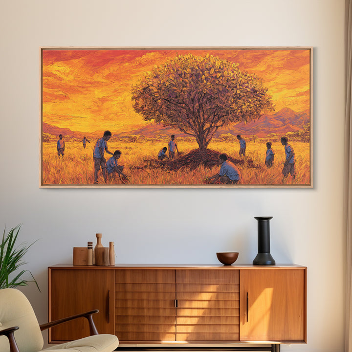 Golden Savanna Tree Framed Canvas Print, African Children Landscape, Sunset Safari Art, Warm Cultural Wall Decor Gift Print