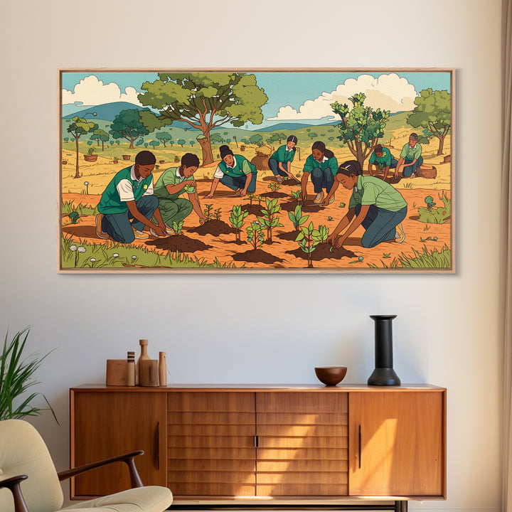 Students Planting Saplings Canvas Print, African Safari Landscape, Youth Garden Artwork, Green Nature Wall Decor Gift For Kids