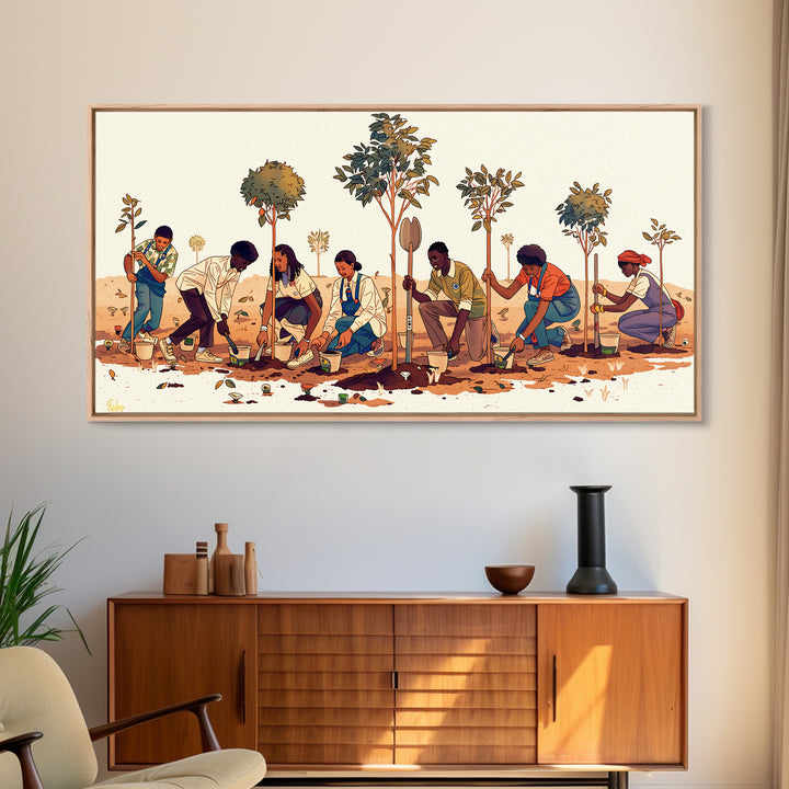Tree Planting Volunteers Wall Art, African Community Garden Scene, Boho Cultural Artwork, Earth Tone Home Decor Print Gift