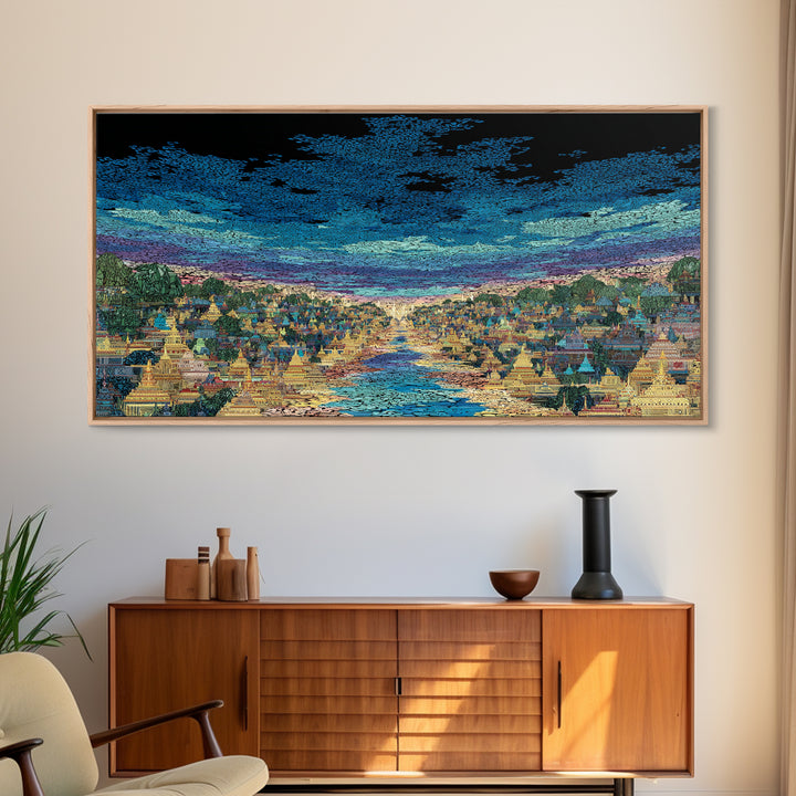 Glowing River City Skyline At Twilight Wall Art, African Inspired Landscape, Luxury Canvas Decor, Living Room Statement Gift
