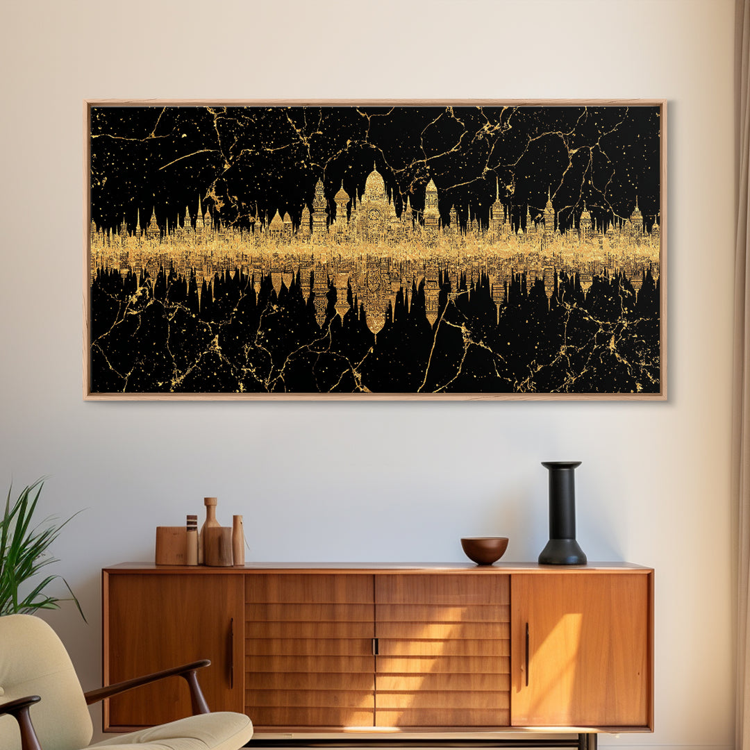Golden Temple Skyline Reflection Framed Canvas Print, African Inspired Black And Gold Wall Decor, Luxury Statement Art Gift