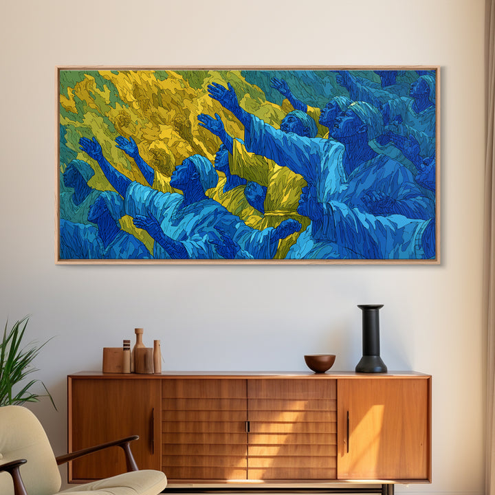Blue And Gold African Praise Crowd Wall Art, Spiritual Celebration, Afrocentric Cultural Decor, Living Room Home Decor Gift