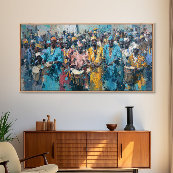 Vibrant African Drumming Procession Framed Canvas Print, Cultural Celebration Wall Decor, Afrocentric Home Decor Gift Art