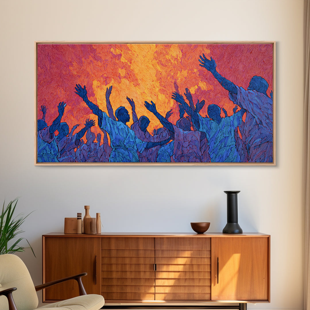 Blue Celebration Crowd Wall Art, African Festival Dance, Abstract African Art, Spiritual Wall Decor, Vibrant Canvas Print