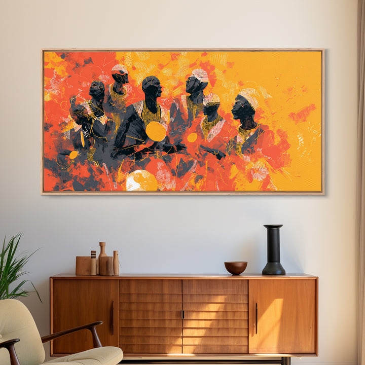 Orange African Drummers Wall Art, Tribal Music Painting, African Women Art, Afrocentric Decor, Cultural Home Decor Canvas Print