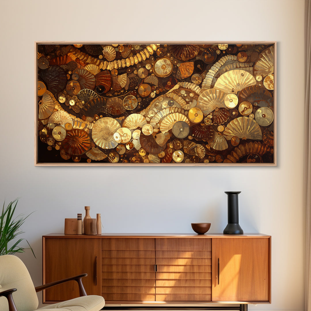 Gold Brown Shell Mosaic Wall Art, Abstract African Patterns, Luxury Art Home Decor, Earth Tone Bohemian Framed Canvas Print