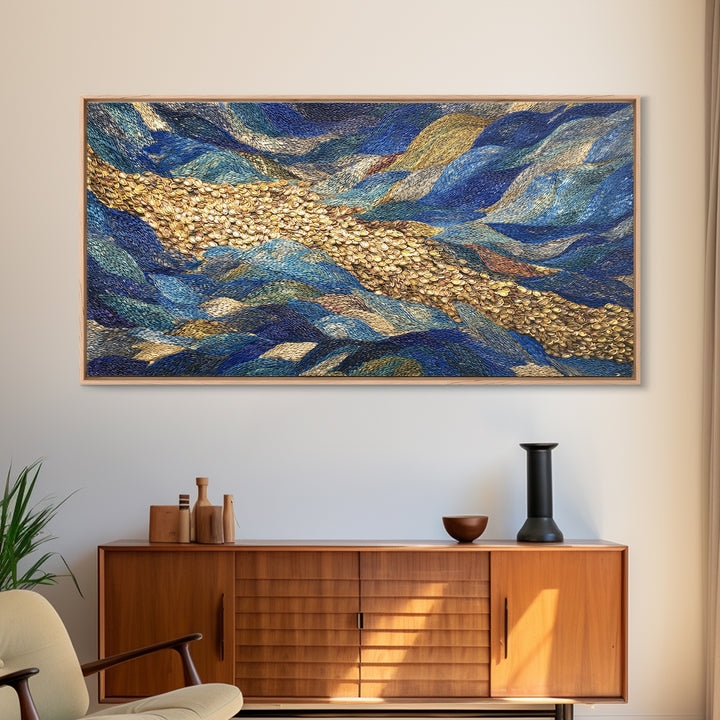Blue Gold River Mosaic Wall Art, African Landscape, Textured Art Print, Coastal Abstract Decor, Modern Large Canvas Print
