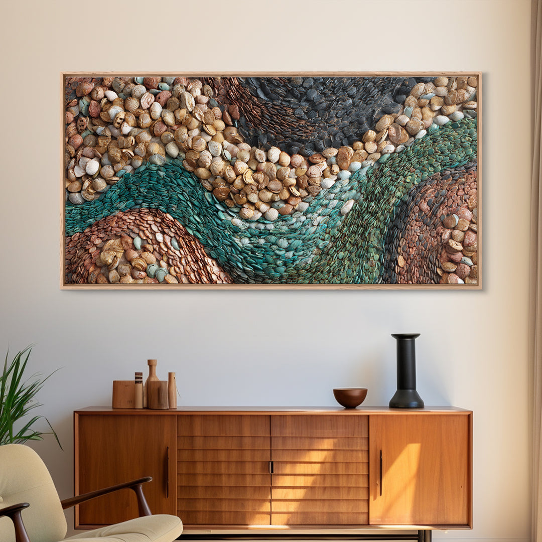 Teal Earth Shell Landscape Wall Art, Textured African Abstract, Boho Wall Decor, Nature Inspired Home Decor Framed Canvas Print