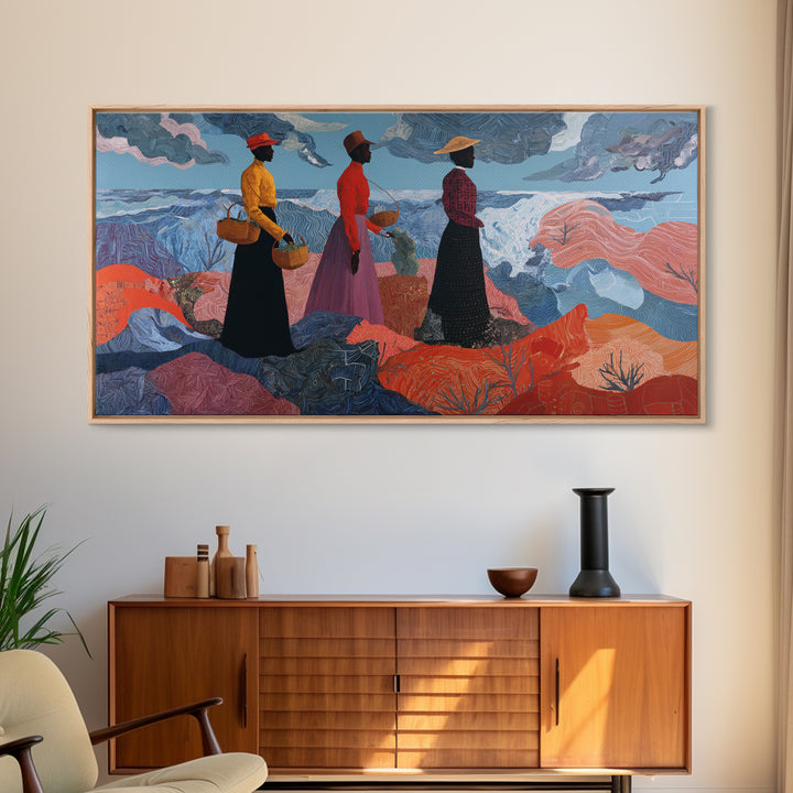 Three African Women By Stormy Sea Wall Art, Coastal Figurative Painting, Afrocentric Decor, Black Culture Art Print, Home Decor