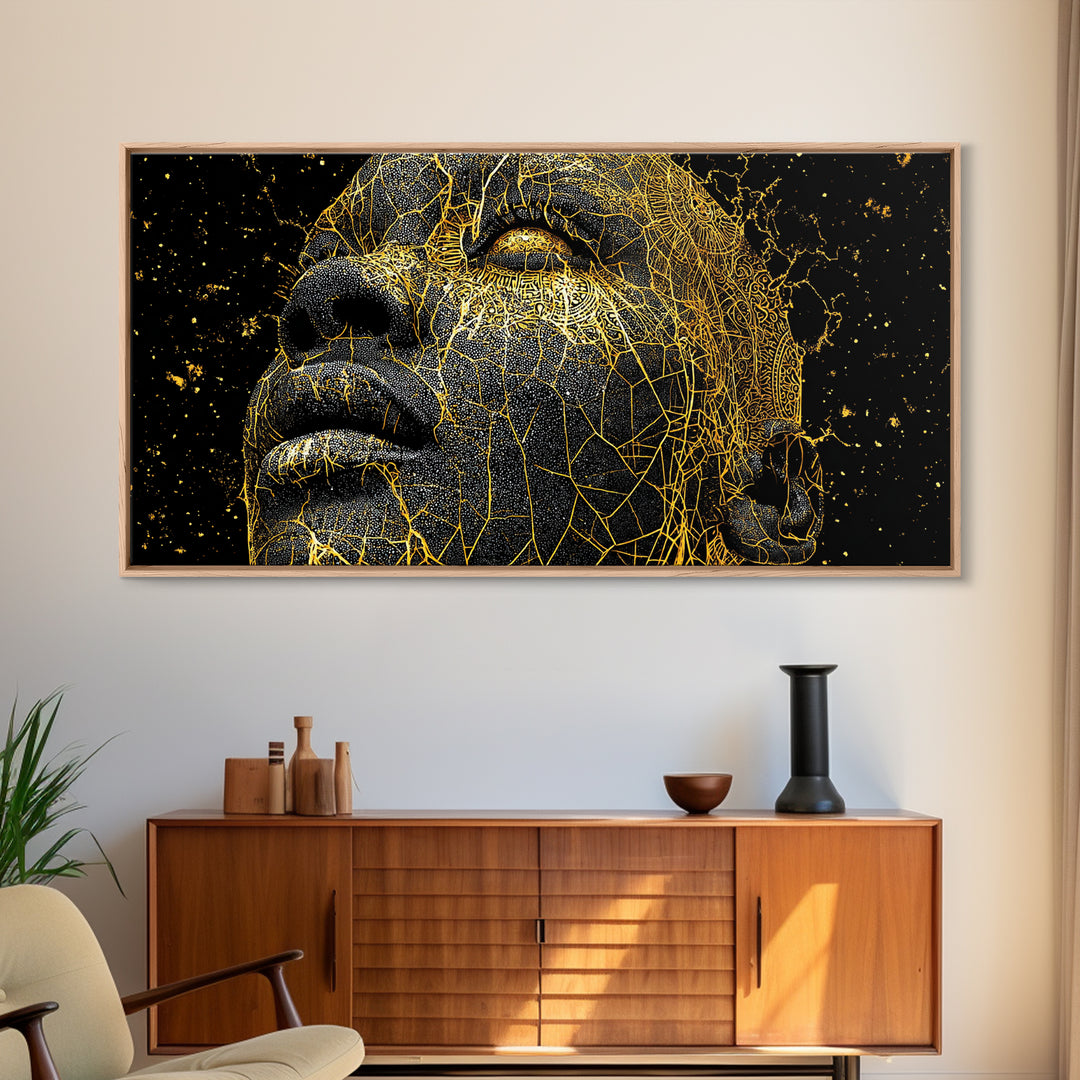 Golden Cracked Black Face Portrait Canvas Print, Abstract African Art, Melanin Artwork, Modern Black Art Decor, Gift For Him